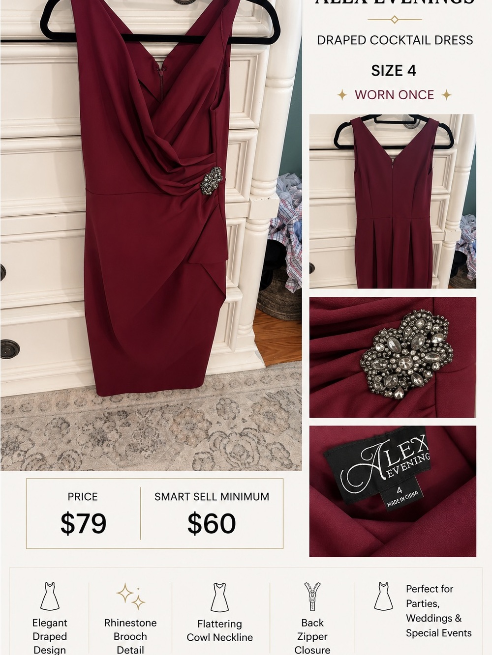 Alex Evenings Wine Sleeveless Draped Midi Dress with Rhinestone Brooch - Picture 2 of 2